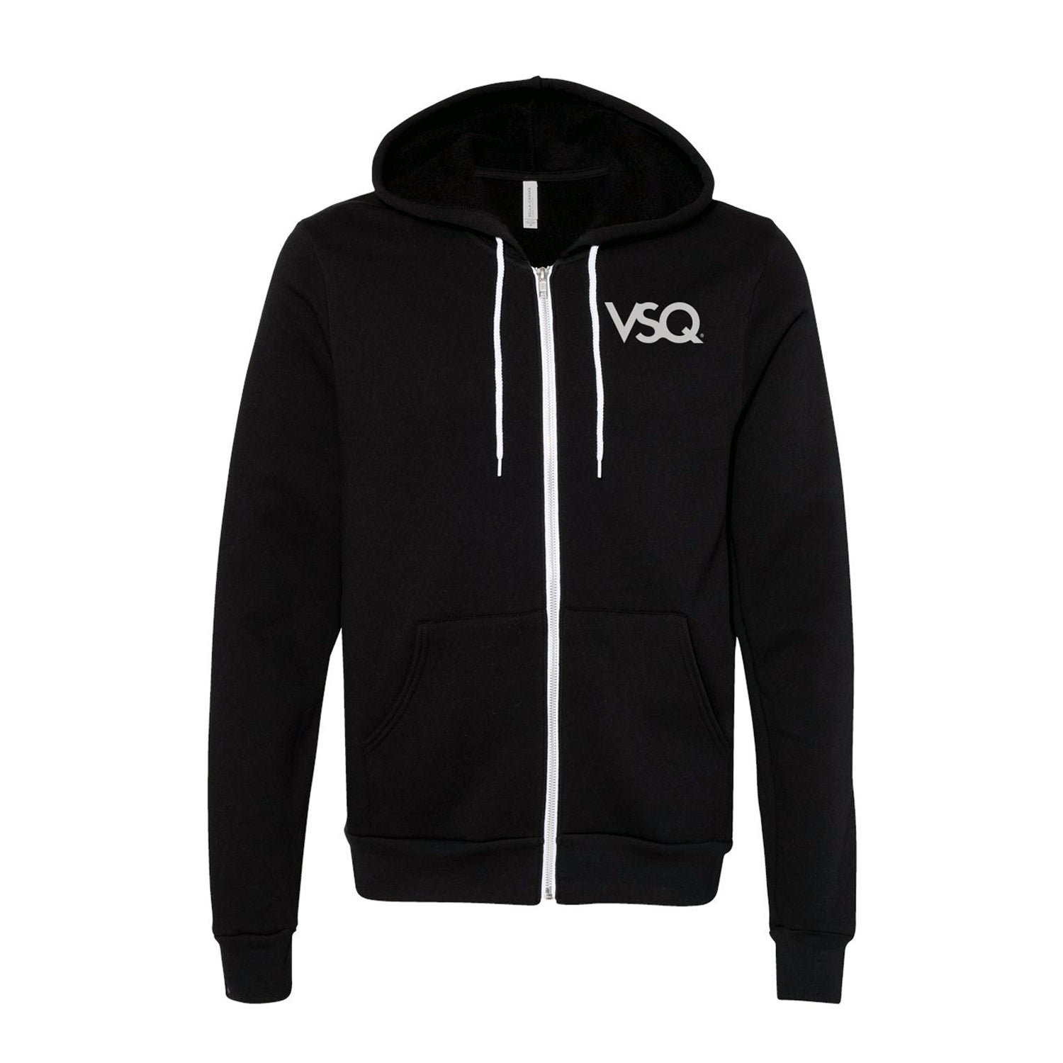Black zip hoodie with a white VSQ logo on the front, including a hood and a front zipper.