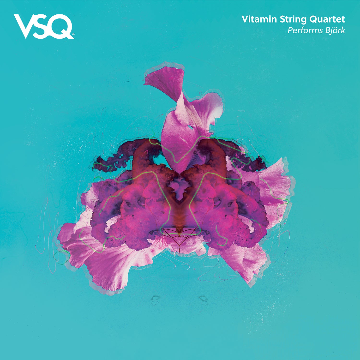 turquoise and pink album art for Björk instrumental renditions by Vitamin String Quartet